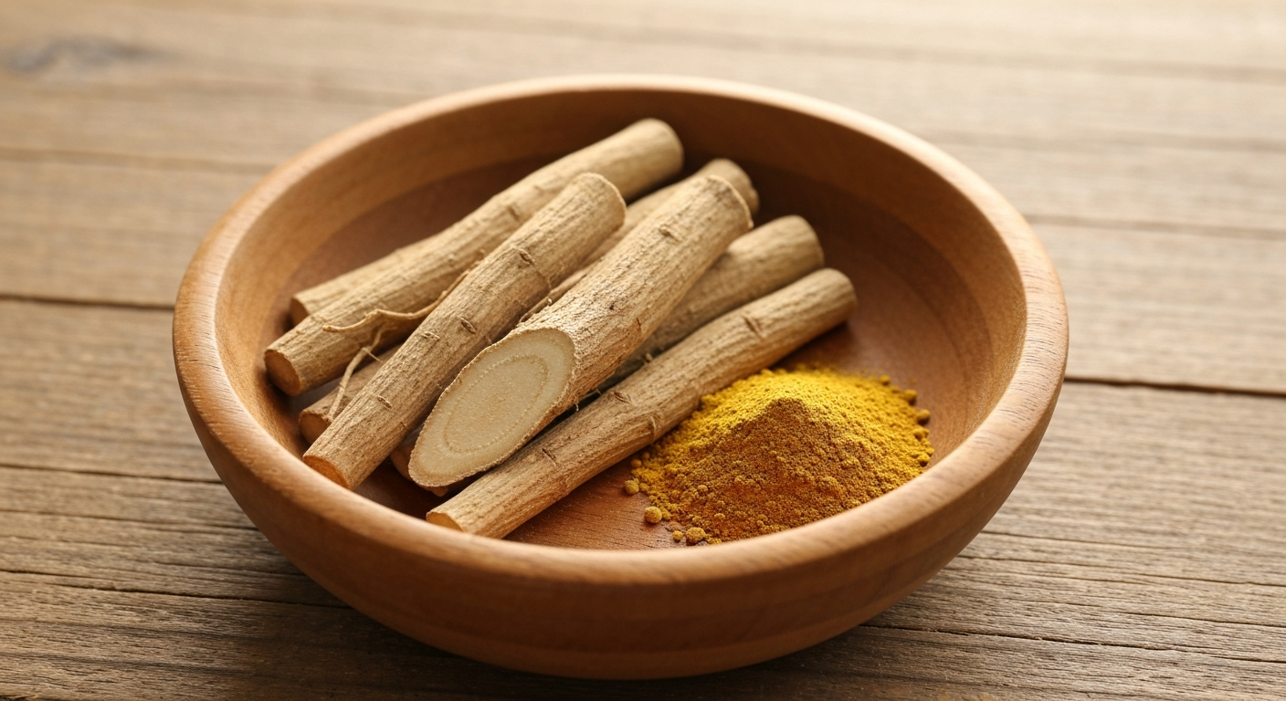 Ashwagandha root and powder in a wooden bowl