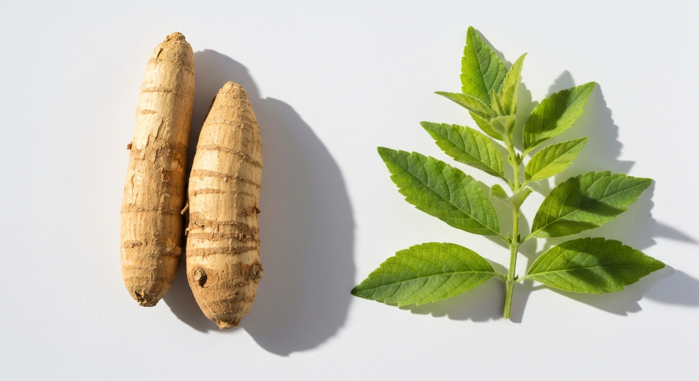Ashwagandha root and kratom leaves for comparison