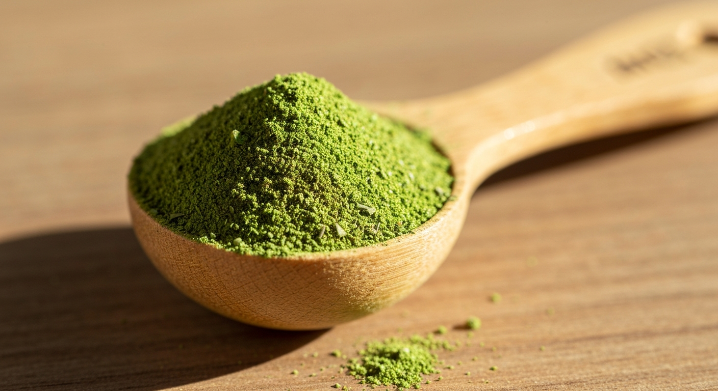 Fine kratom powder in a measuring spoon