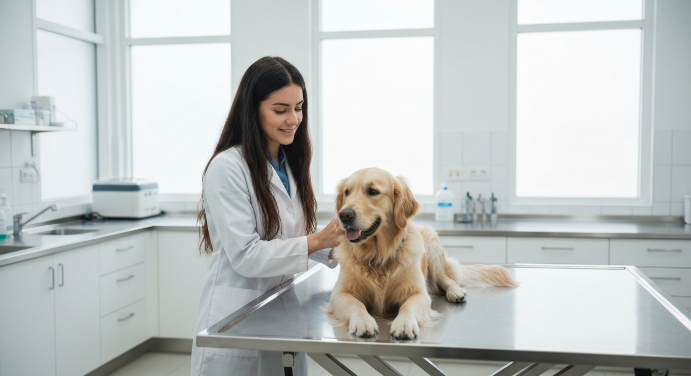 Veterinarian examining a dog at an animal clinic
