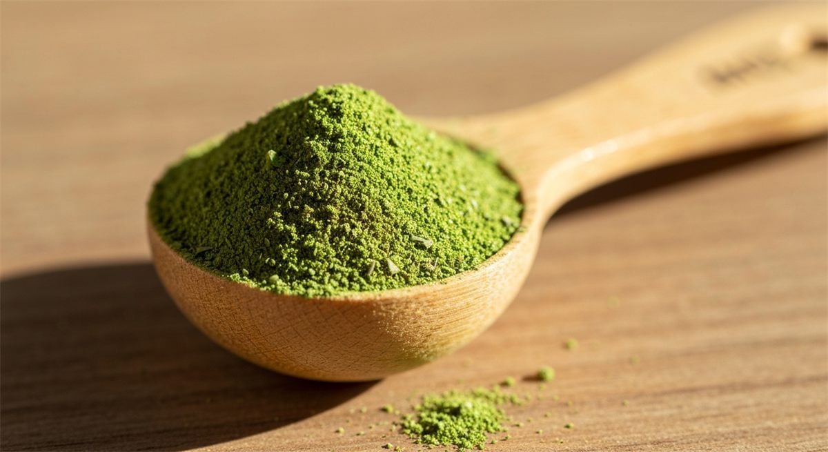 Kratom powder measured in a wooden teaspoon for accurate dosing