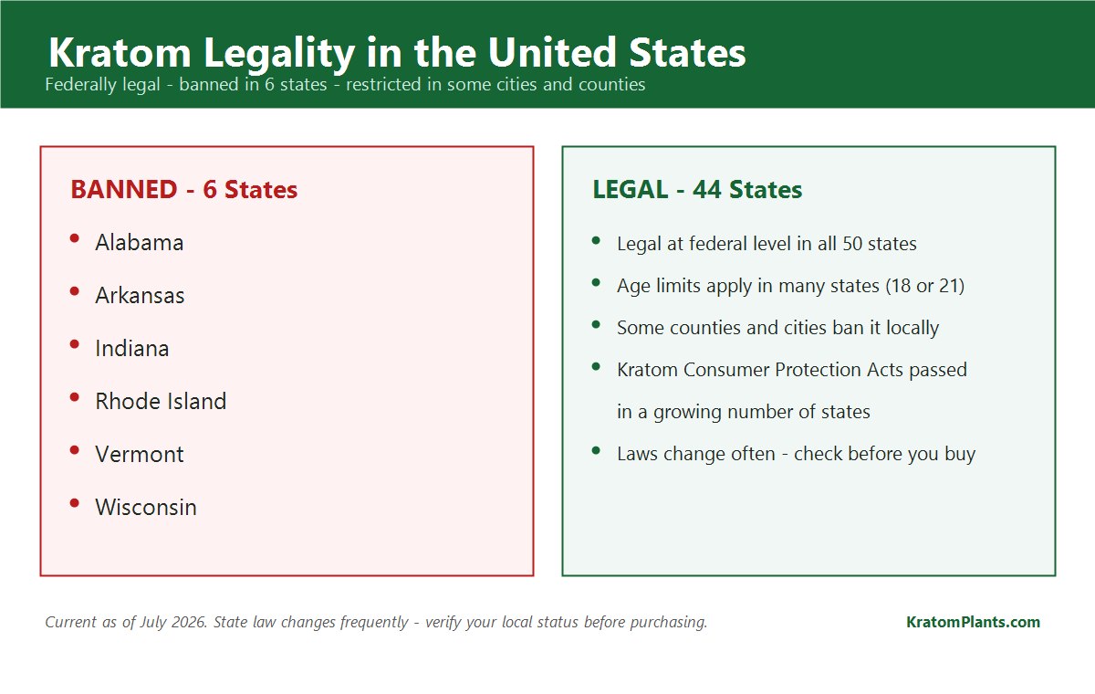 Kratom legality in the United States showing the six states where kratom is banned